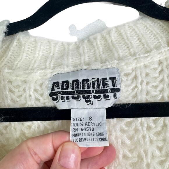 Vintage Croquet Club VTG Sweater Cream White Open Loose Knit DeepV Small Acrylic - Picture 4 of 8